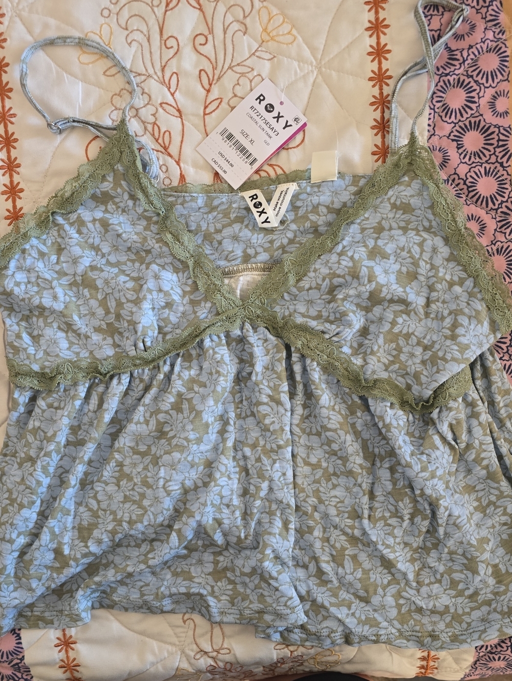 Roxy Light Blue Floral Lace-Trim Cami with Olive Lace